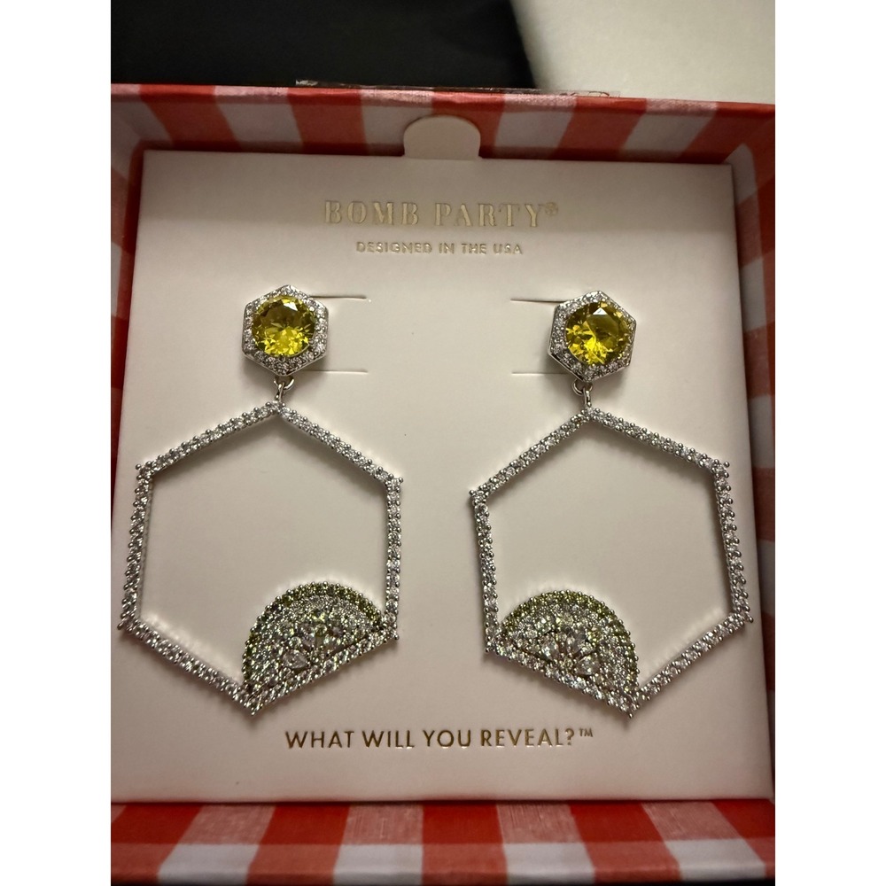 Bomb Party Market Fresh Yellow Hexagon Crystal Drop Earrings Silver Tone